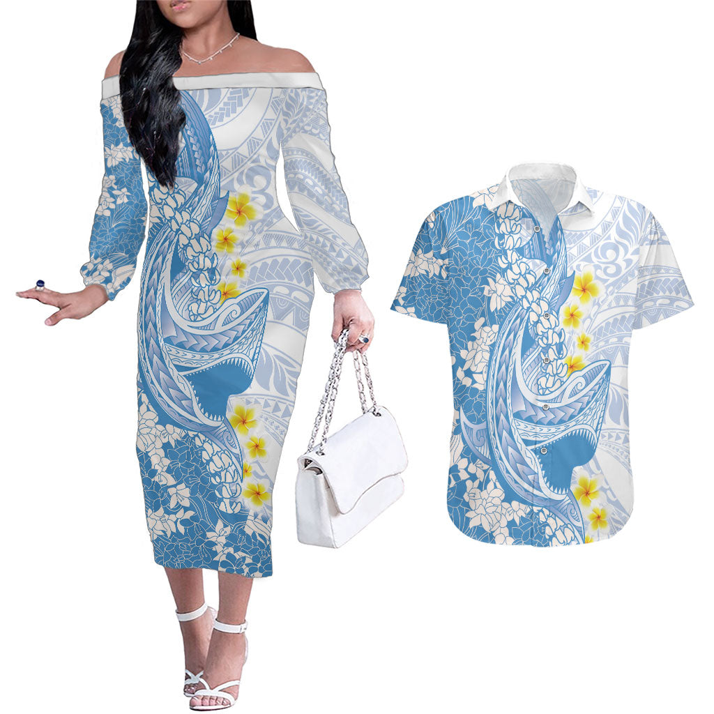 Blue Hawaii Shark Tattoo Couples Matching Off The Shoulder Long Sleeve Dress and Hawaiian Shirt Puakenikeni Lei Plumeria Polynesian Pattern