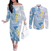 Blue Hawaii Shark Tattoo Couples Matching Off The Shoulder Long Sleeve Dress and Long Sleeve Button Shirt Puakenikeni Lei Plumeria Polynesian Pattern