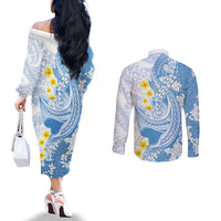 Blue Hawaii Shark Tattoo Couples Matching Off The Shoulder Long Sleeve Dress and Long Sleeve Button Shirt Puakenikeni Lei Plumeria Polynesian Pattern