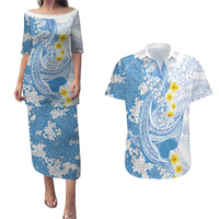 Blue Hawaii Shark Tattoo Couples Matching Puletasi and Hawaiian Shirt Puakenikeni Lei Plumeria Polynesian Pattern