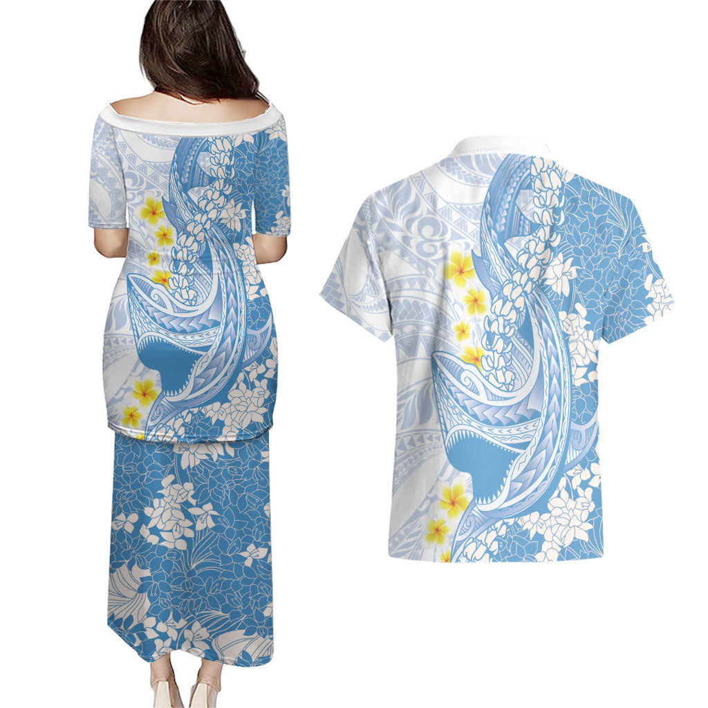 Blue Hawaii Shark Tattoo Couples Matching Puletasi and Hawaiian Shirt Puakenikeni Lei Plumeria Polynesian Pattern