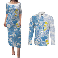 Blue Hawaii Shark Tattoo Couples Matching Puletasi and Long Sleeve Button Shirt Puakenikeni Lei Plumeria Polynesian Pattern