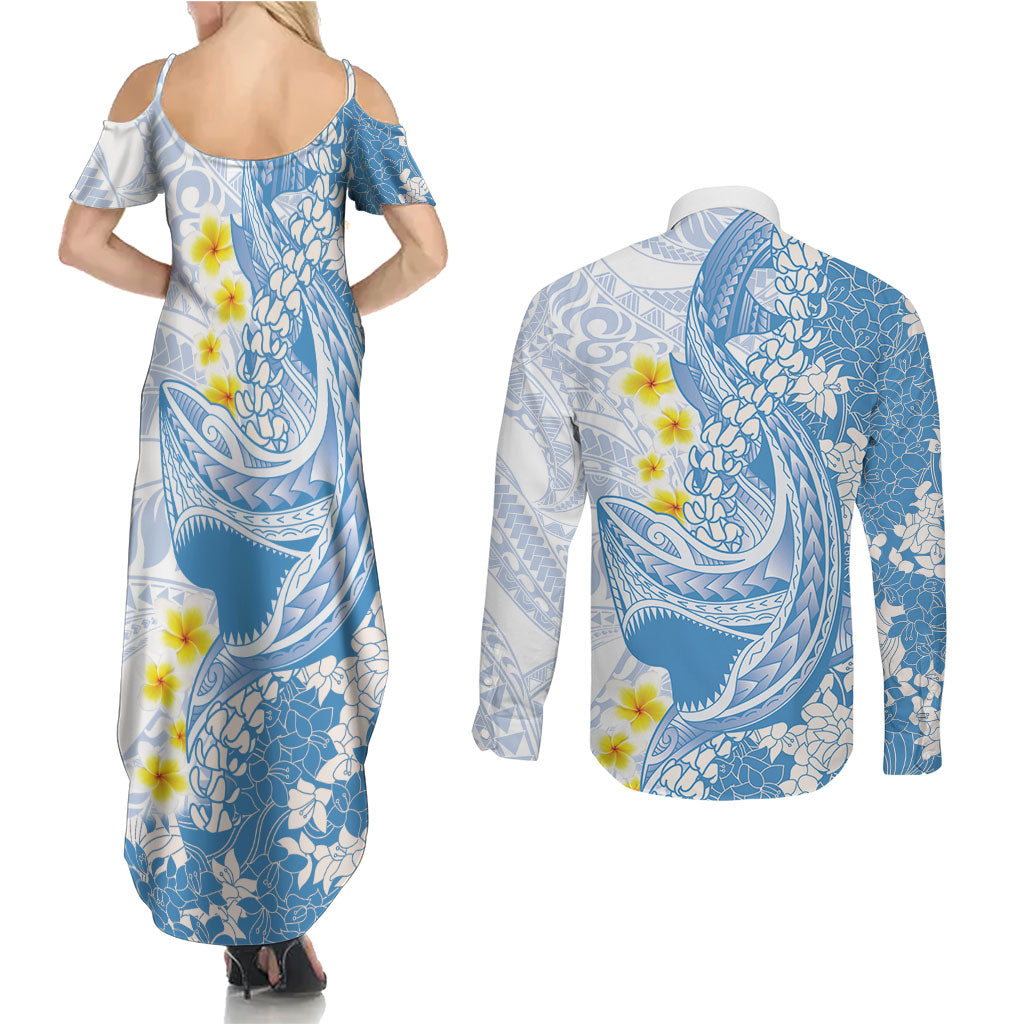 Blue Hawaii Shark Tattoo Couples Matching Summer Maxi Dress and Long Sleeve Button Shirt Puakenikeni Lei Plumeria Polynesian Pattern