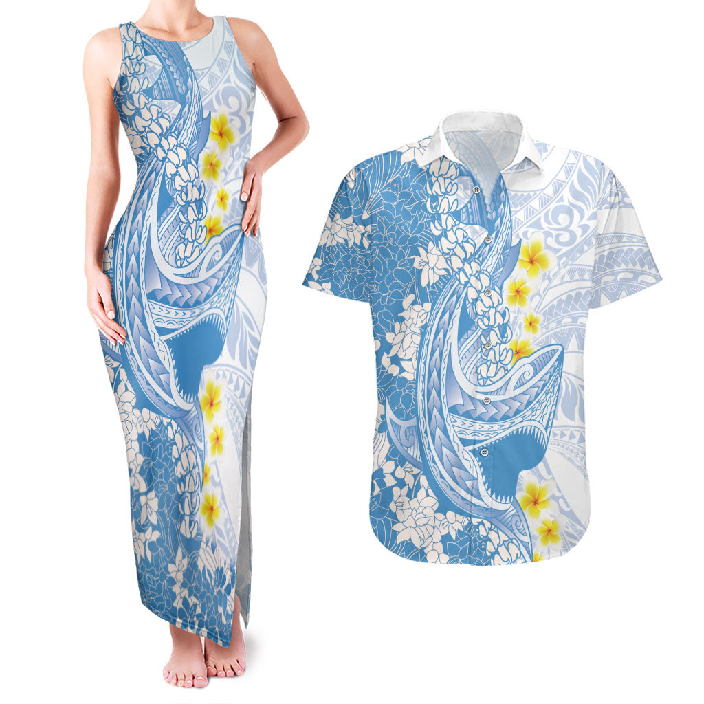 Blue Hawaii Shark Tattoo Couples Matching Tank Maxi Dress and Hawaiian Shirt Puakenikeni Lei Plumeria Polynesian Pattern