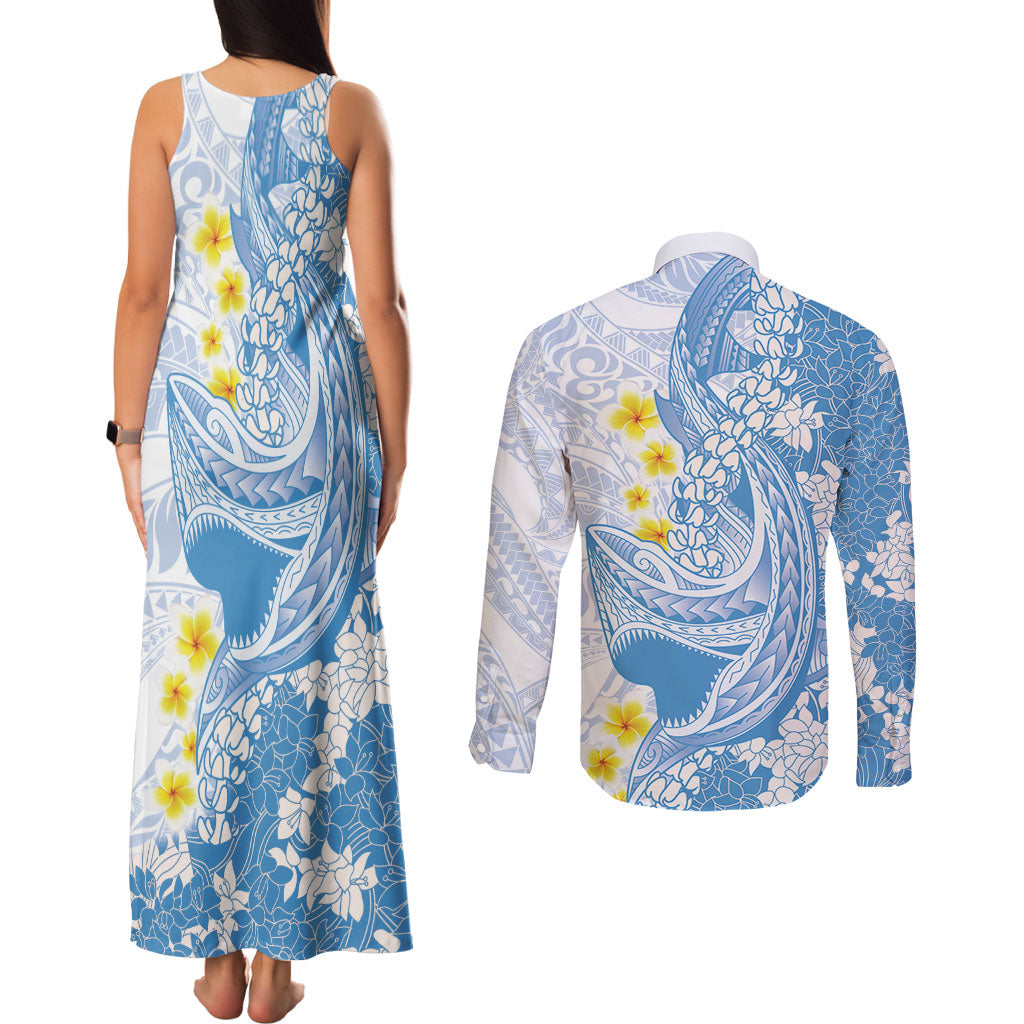 Blue Hawaii Shark Tattoo Couples Matching Tank Maxi Dress and Long Sleeve Button Shirt Puakenikeni Lei Plumeria Polynesian Pattern