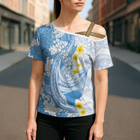 Blue Hawaii Shark Tattoo Cross Shoulder Shirt Puakenikeni Lei Plumeria Polynesian Pattern