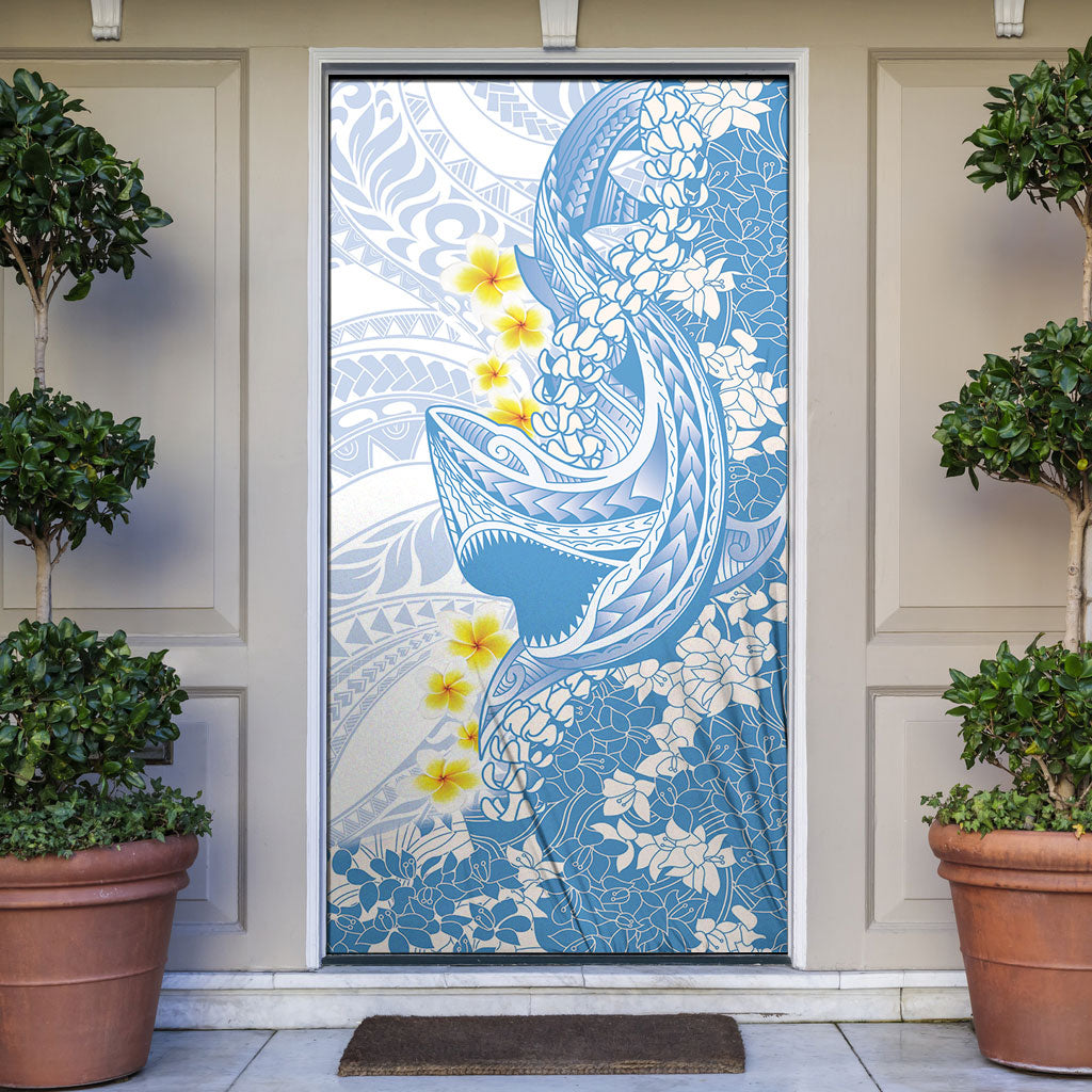 Blue Hawaii Shark Tattoo Door Cover Puakenikeni Lei Plumeria Polynesian Pattern