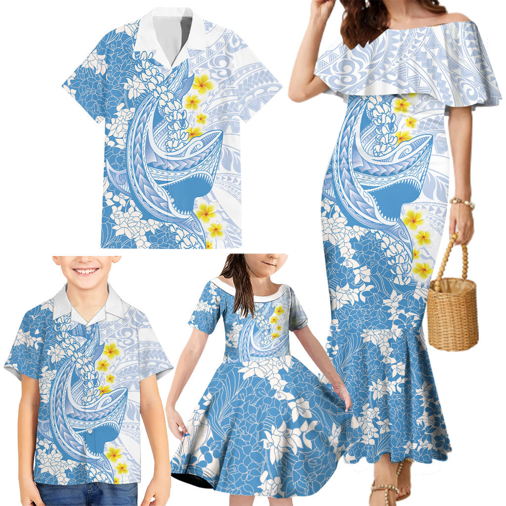 Blue Hawaii Shark Tattoo Family Matching Mermaid Dress and Hawaiian Shirt Puakenikeni Lei Plumeria Polynesian Pattern