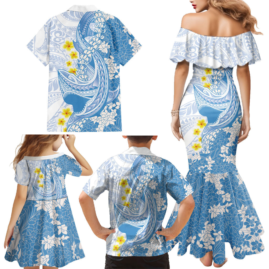 Blue Hawaii Shark Tattoo Family Matching Mermaid Dress and Hawaiian Shirt Puakenikeni Lei Plumeria Polynesian Pattern