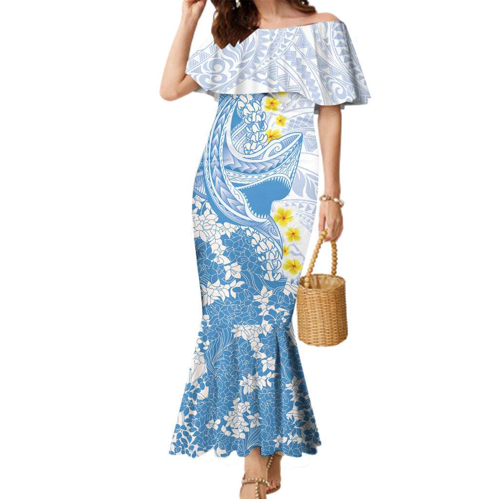 Blue Hawaii Shark Tattoo Family Matching Mermaid Dress and Hawaiian Shirt Puakenikeni Lei Plumeria Polynesian Pattern