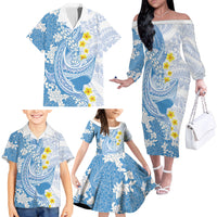 Blue Hawaii Shark Tattoo Family Matching Off The Shoulder Long Sleeve Dress and Hawaiian Shirt Puakenikeni Lei Plumeria Polynesian Pattern