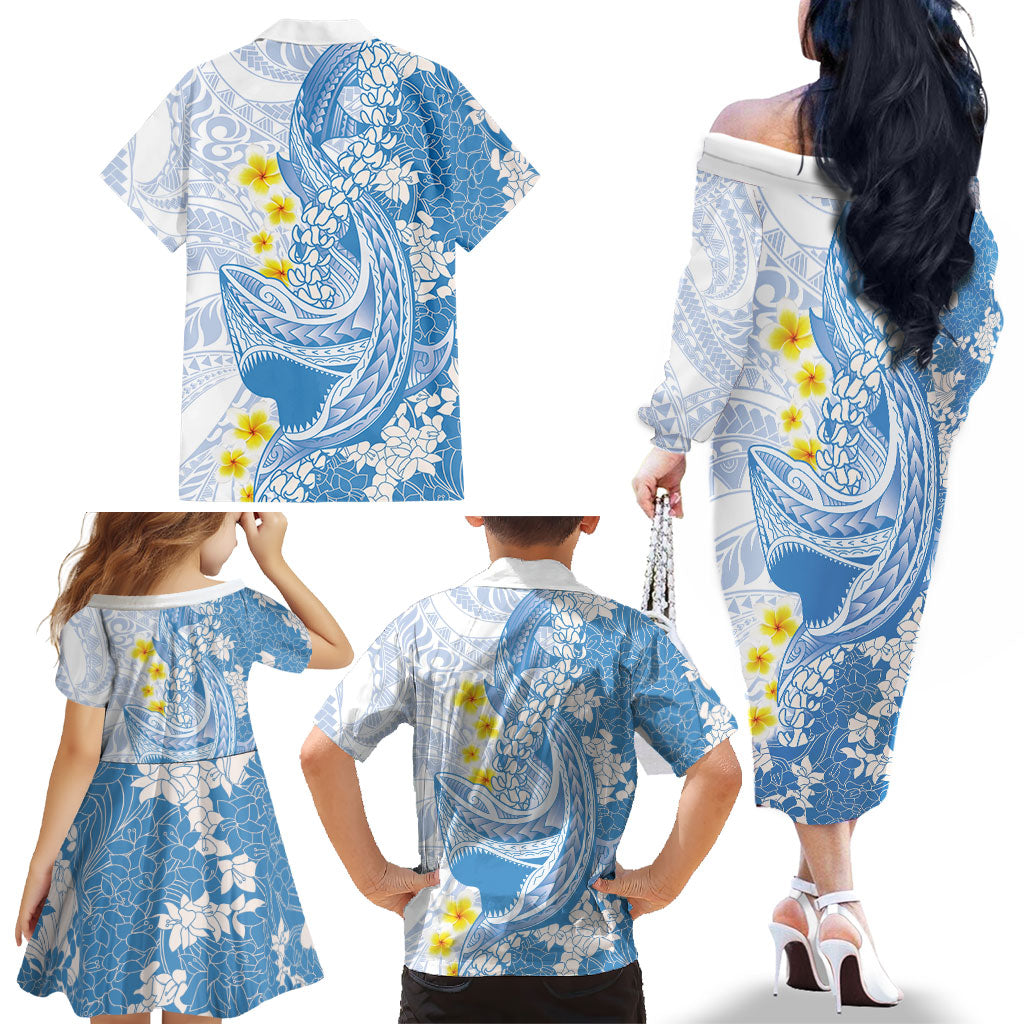 Blue Hawaii Shark Tattoo Family Matching Off The Shoulder Long Sleeve Dress and Hawaiian Shirt Puakenikeni Lei Plumeria Polynesian Pattern