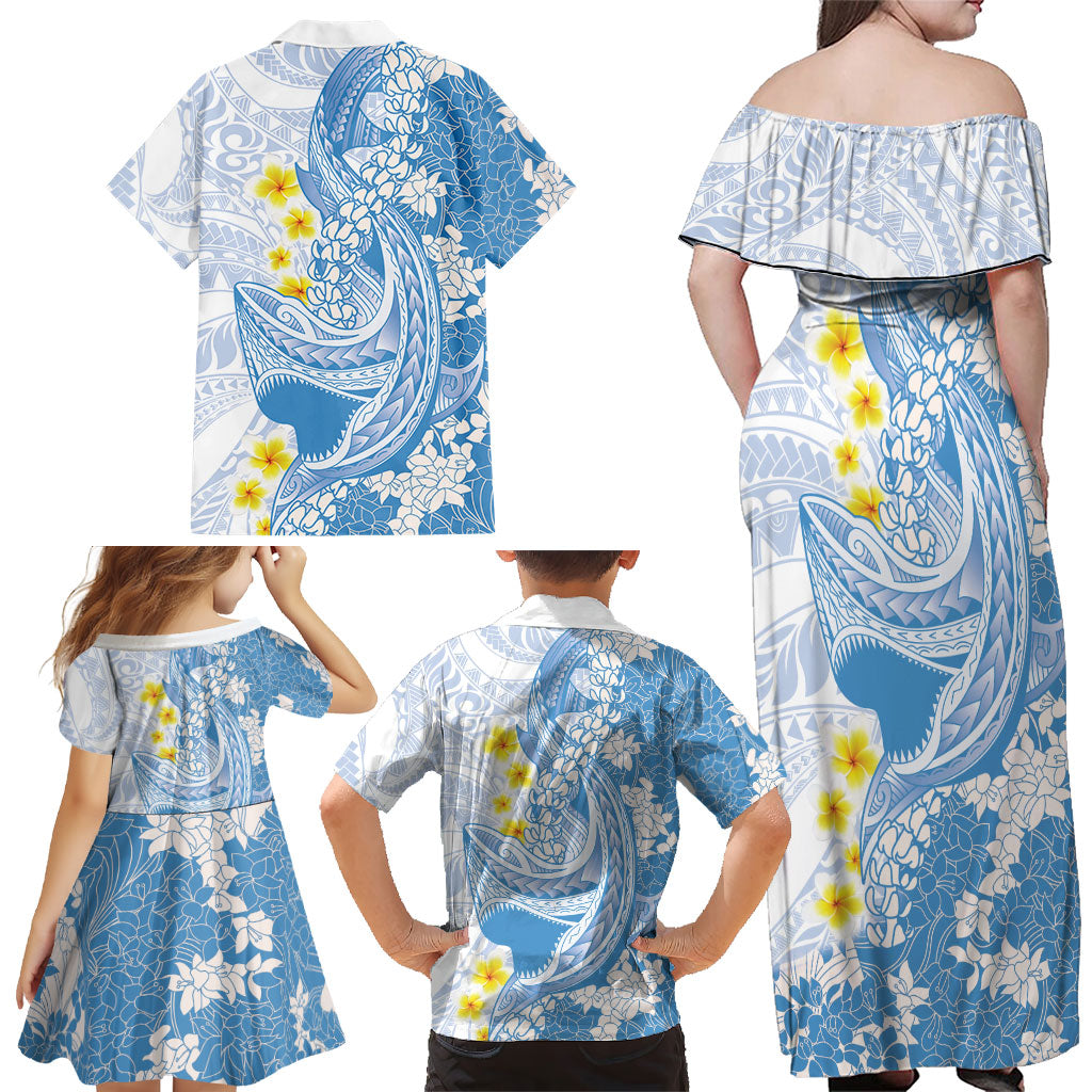 Blue Hawaii Shark Tattoo Family Matching Off Shoulder Maxi Dress and Hawaiian Shirt Puakenikeni Lei Plumeria Polynesian Pattern