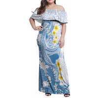 Blue Hawaii Shark Tattoo Family Matching Off Shoulder Maxi Dress and Hawaiian Shirt Puakenikeni Lei Plumeria Polynesian Pattern