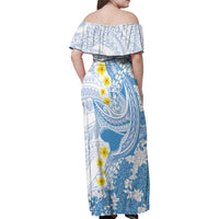 Blue Hawaii Shark Tattoo Family Matching Off Shoulder Maxi Dress and Hawaiian Shirt Puakenikeni Lei Plumeria Polynesian Pattern