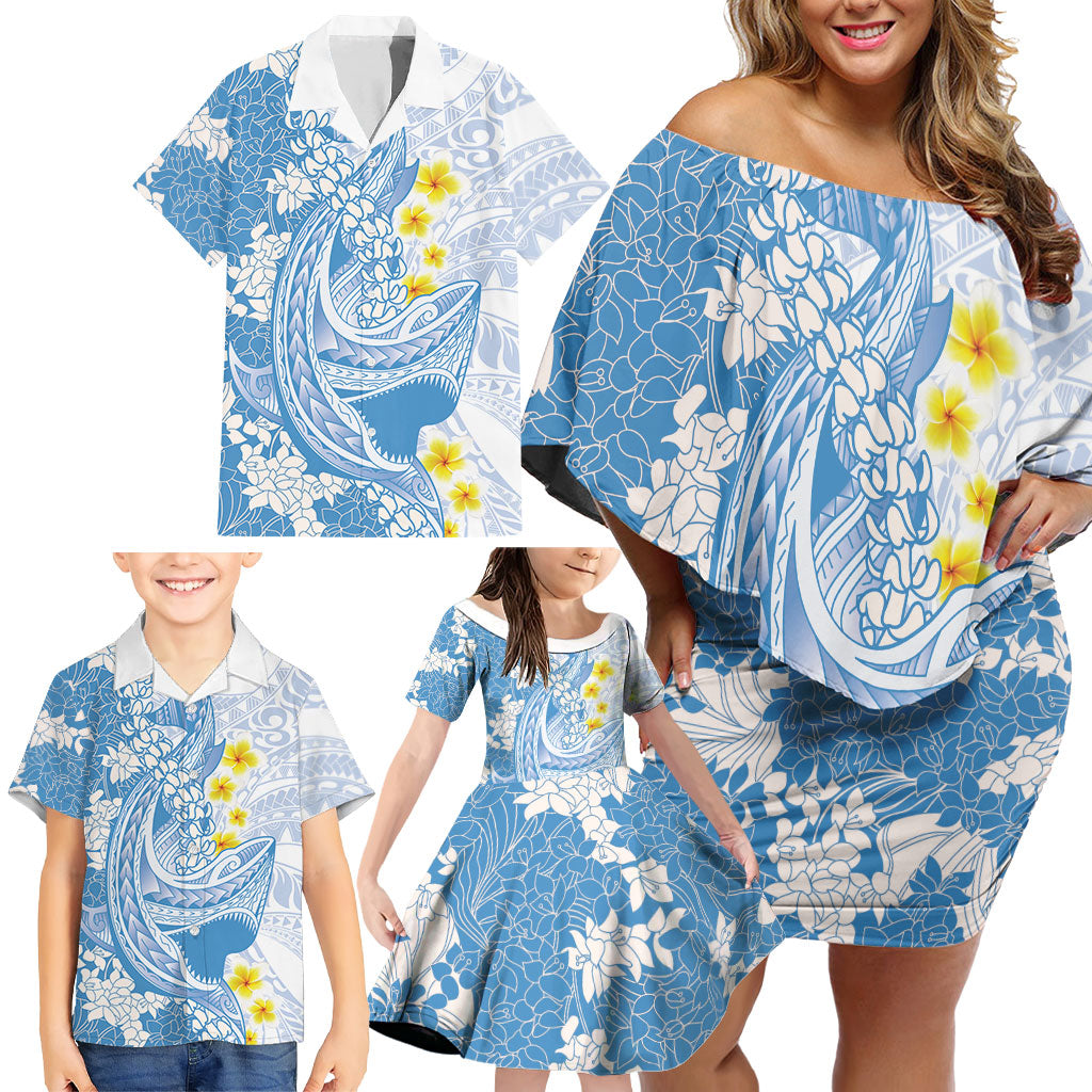 Blue Hawaii Shark Tattoo Family Matching Off Shoulder Short Dress and Hawaiian Shirt Puakenikeni Lei Plumeria Polynesian Pattern
