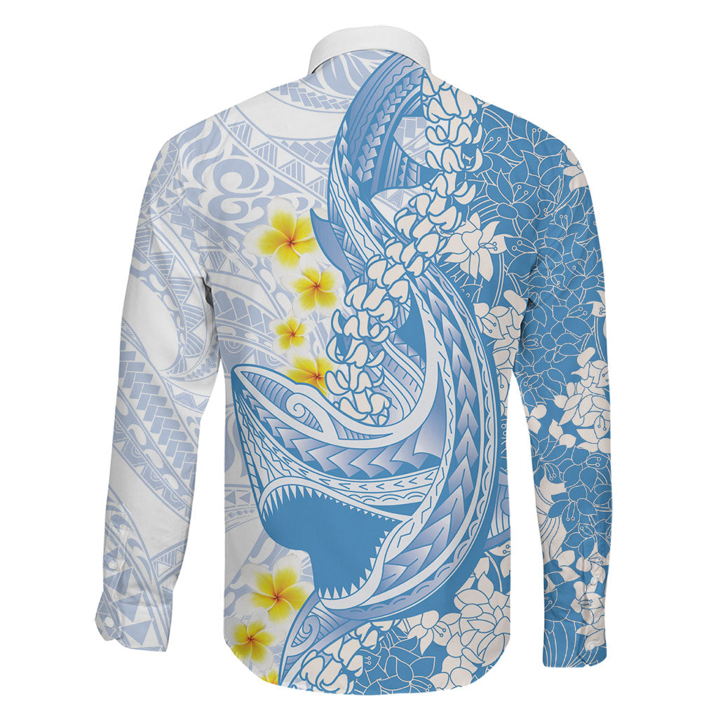 Blue Hawaii Shark Tattoo Family Matching Off Shoulder Short Dress and Hawaiian Shirt Puakenikeni Lei Plumeria Polynesian Pattern