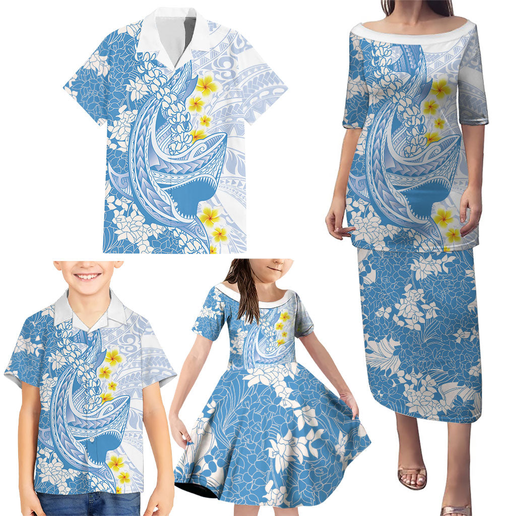 Blue Hawaii Shark Tattoo Family Matching Puletasi and Hawaiian Shirt Puakenikeni Lei Plumeria Polynesian Pattern