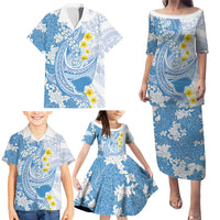 Blue Hawaii Shark Tattoo Family Matching Puletasi and Hawaiian Shirt Puakenikeni Lei Plumeria Polynesian Pattern