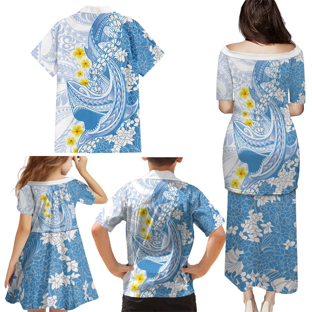 Blue Hawaii Shark Tattoo Family Matching Puletasi and Hawaiian Shirt Puakenikeni Lei Plumeria Polynesian Pattern
