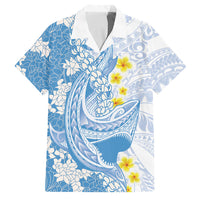 Blue Hawaii Shark Tattoo Family Matching Puletasi and Hawaiian Shirt Puakenikeni Lei Plumeria Polynesian Pattern