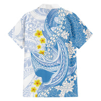 Blue Hawaii Shark Tattoo Family Matching Puletasi and Hawaiian Shirt Puakenikeni Lei Plumeria Polynesian Pattern