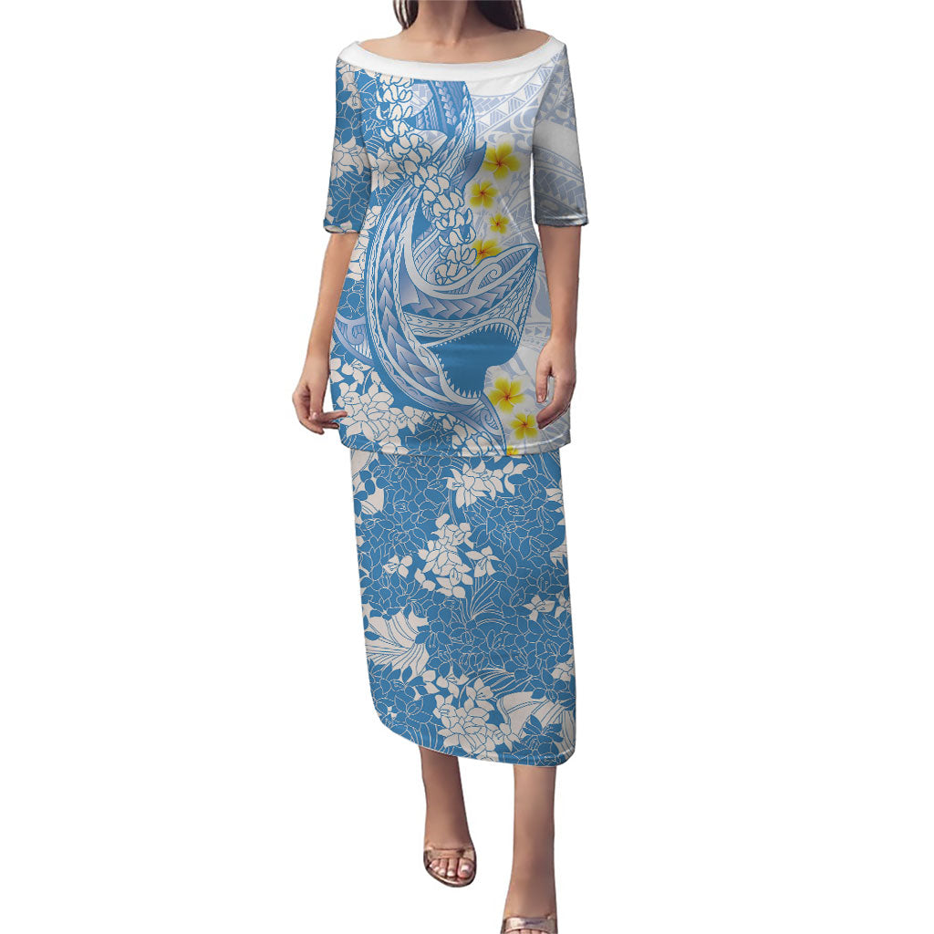 Blue Hawaii Shark Tattoo Family Matching Puletasi and Hawaiian Shirt Puakenikeni Lei Plumeria Polynesian Pattern