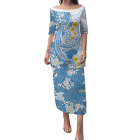 Blue Hawaii Shark Tattoo Family Matching Puletasi and Hawaiian Shirt Puakenikeni Lei Plumeria Polynesian Pattern