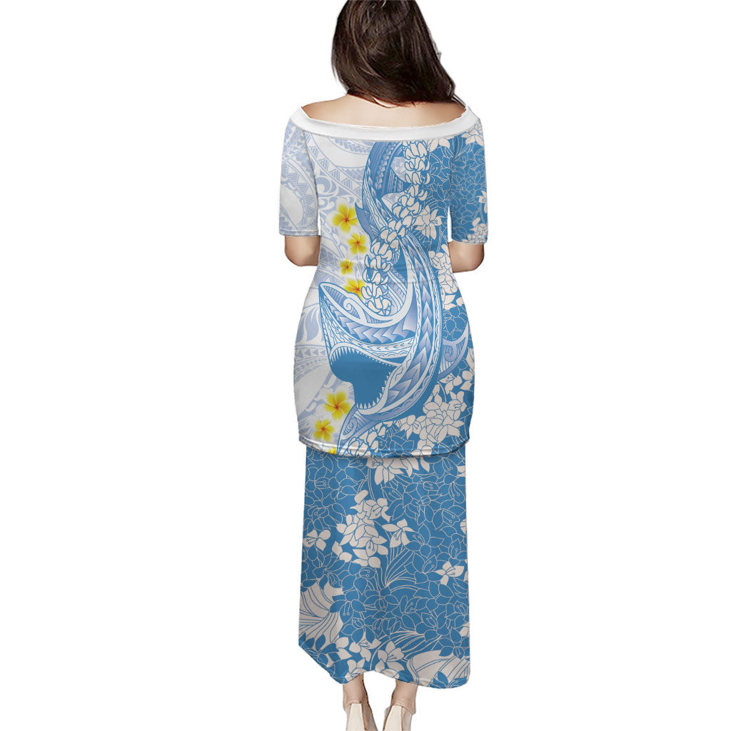 Blue Hawaii Shark Tattoo Family Matching Puletasi and Hawaiian Shirt Puakenikeni Lei Plumeria Polynesian Pattern