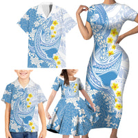Blue Hawaii Shark Tattoo Family Matching Short Sleeve Bodycon Dress and Hawaiian Shirt Puakenikeni Lei Plumeria Polynesian Pattern