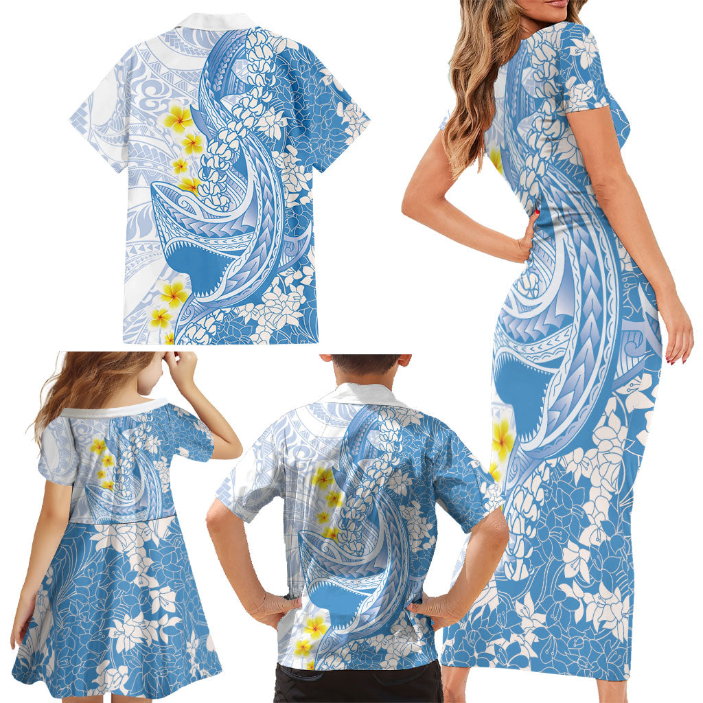Blue Hawaii Shark Tattoo Family Matching Short Sleeve Bodycon Dress and Hawaiian Shirt Puakenikeni Lei Plumeria Polynesian Pattern