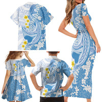 Blue Hawaii Shark Tattoo Family Matching Short Sleeve Bodycon Dress and Hawaiian Shirt Puakenikeni Lei Plumeria Polynesian Pattern
