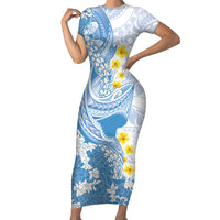 Blue Hawaii Shark Tattoo Family Matching Short Sleeve Bodycon Dress and Hawaiian Shirt Puakenikeni Lei Plumeria Polynesian Pattern