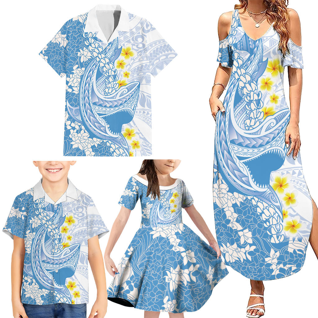 Blue Hawaii Shark Tattoo Family Matching Summer Maxi Dress and Hawaiian Shirt Puakenikeni Lei Plumeria Polynesian Pattern