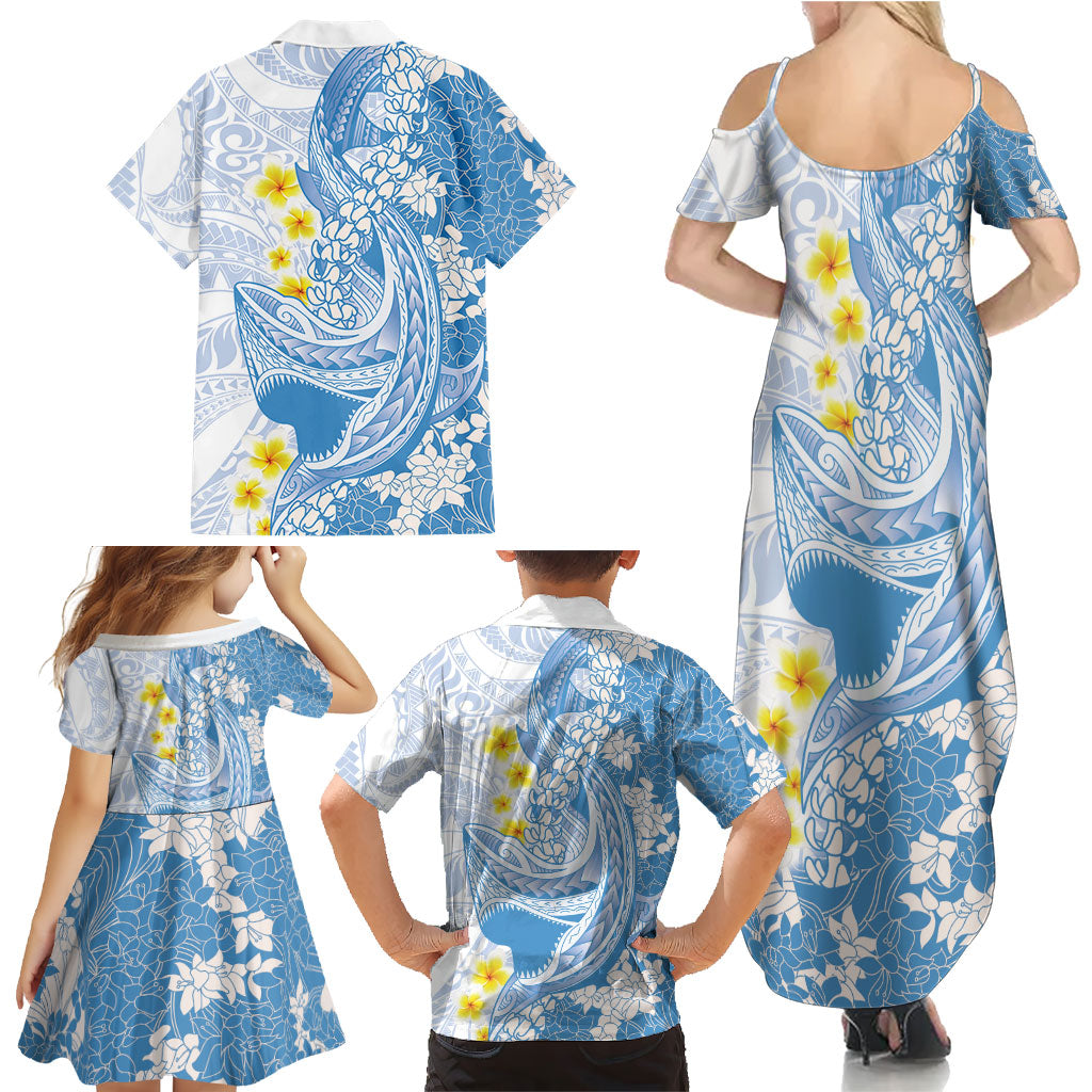 Blue Hawaii Shark Tattoo Family Matching Summer Maxi Dress and Hawaiian Shirt Puakenikeni Lei Plumeria Polynesian Pattern
