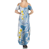 Blue Hawaii Shark Tattoo Family Matching Summer Maxi Dress and Hawaiian Shirt Puakenikeni Lei Plumeria Polynesian Pattern