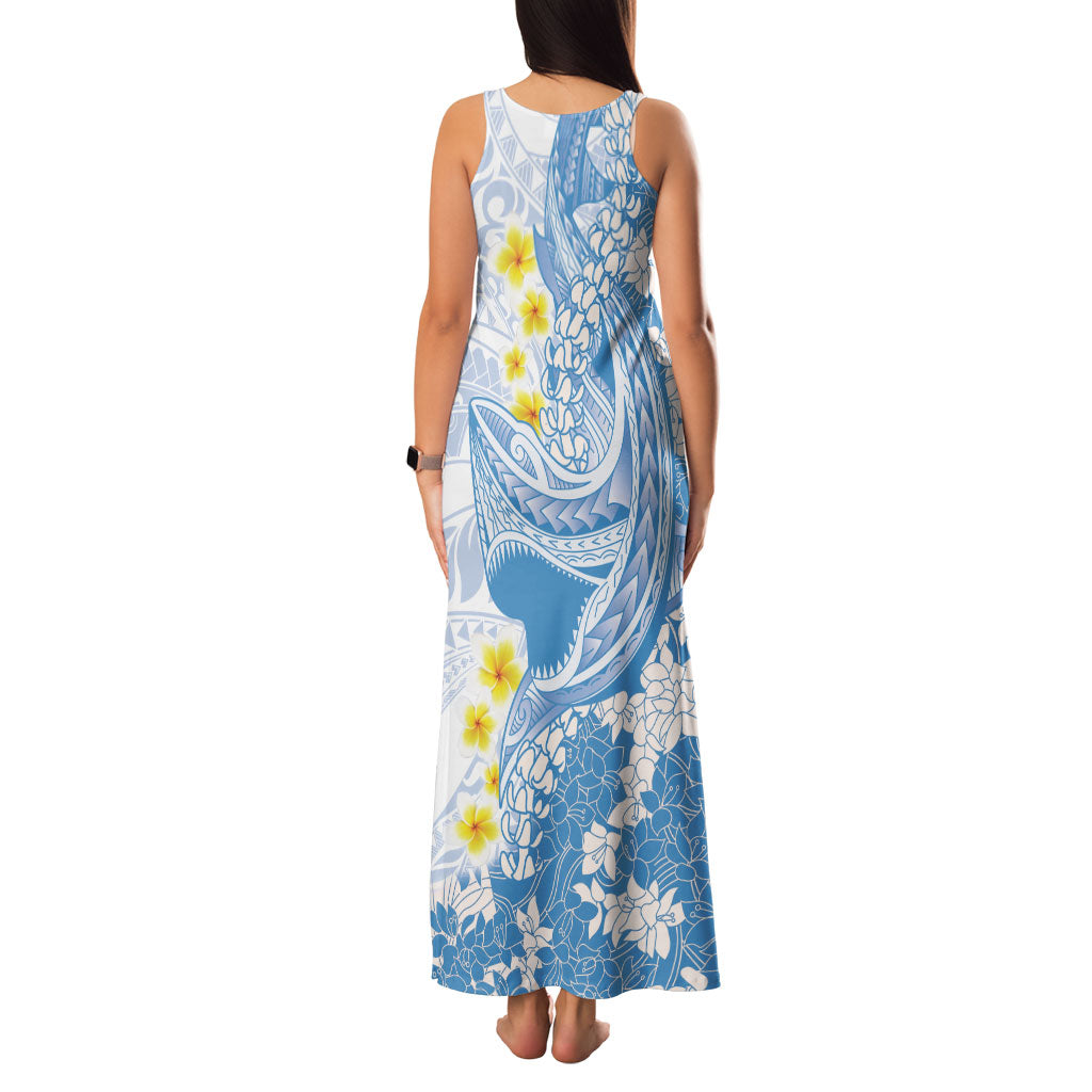 Blue Hawaii Shark Tattoo Family Matching Tank Maxi Dress and Hawaiian Shirt Puakenikeni Lei Plumeria Polynesian Pattern