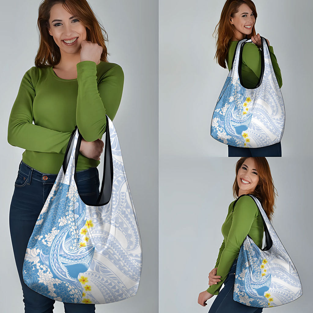 Blue Hawaii Shark Tattoo Grocery Bag Puakenikeni Lei Plumeria Polynesian Pattern