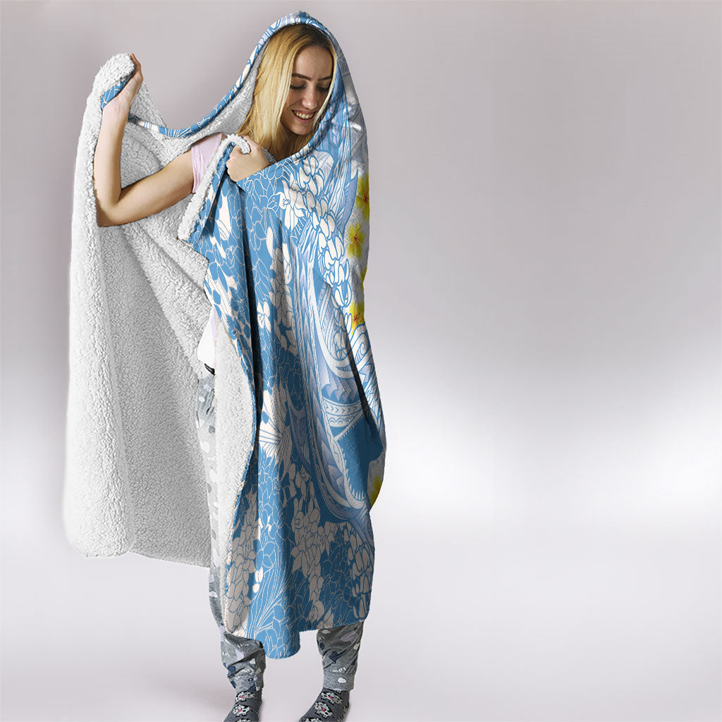 Blue Hawaii Shark Tattoo Hooded Blanket Puakenikeni Lei Plumeria Polynesian Pattern