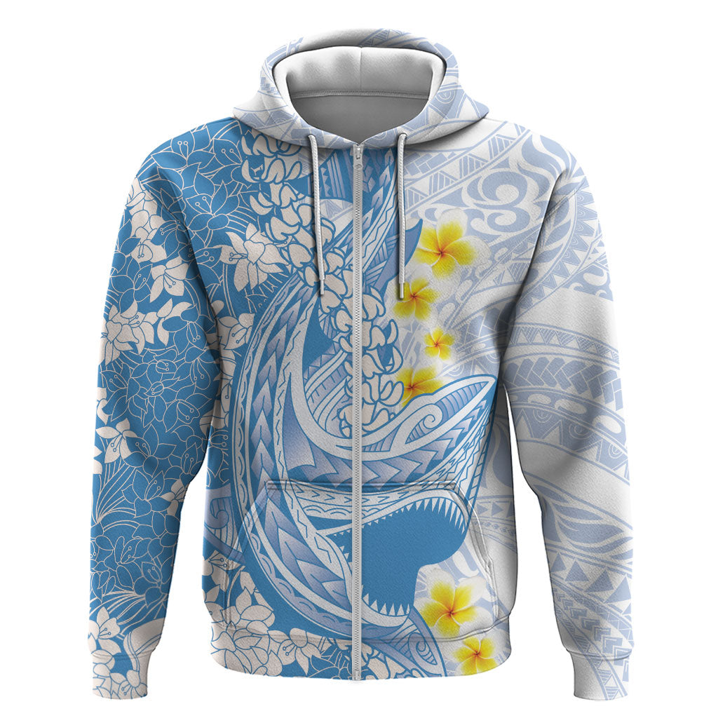 Blue Hawaii Shark Tattoo Hoodie Puakenikeni Lei Plumeria Polynesian Pattern