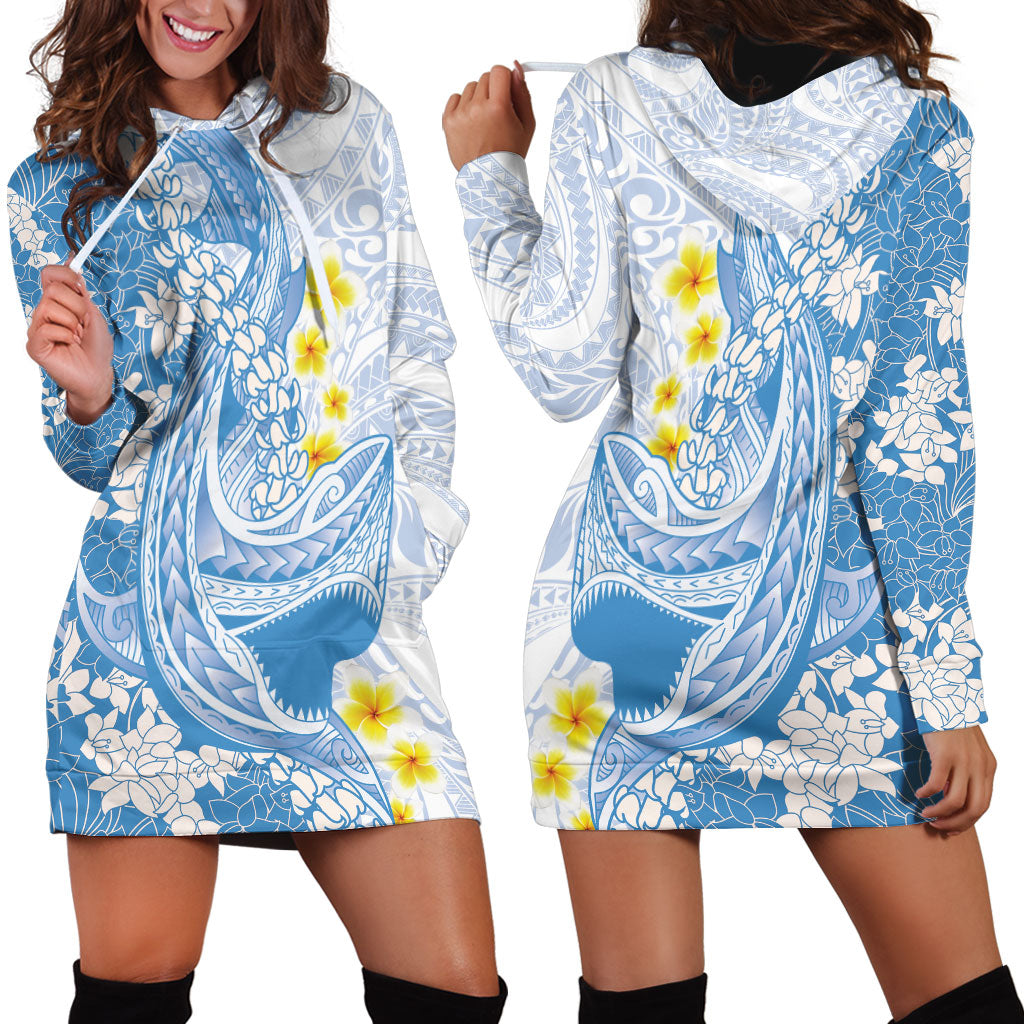 Blue Hawaii Shark Tattoo Hoodie Dress Puakenikeni Lei Plumeria Polynesian Pattern