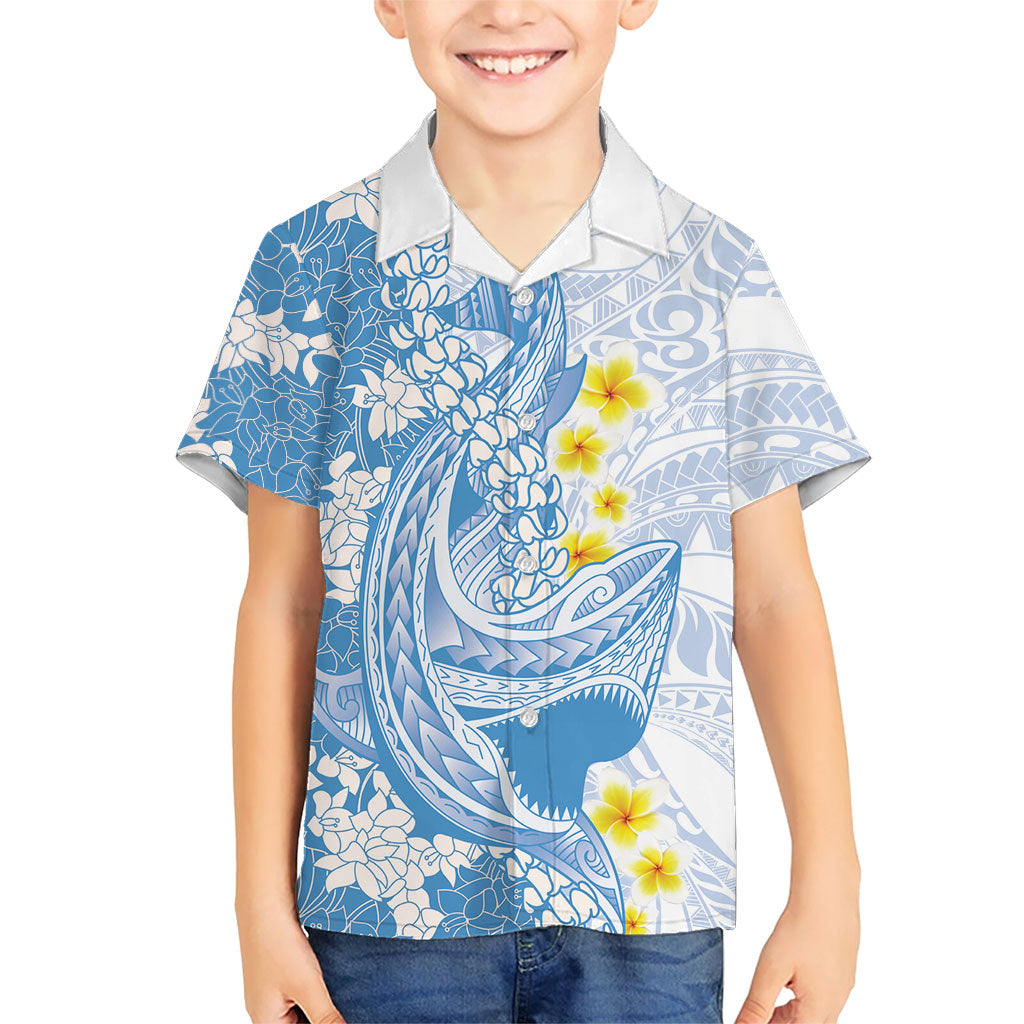 Blue Hawaii Shark Tattoo Kid Hawaiian Shirt Puakenikeni Lei Plumeria Polynesian Pattern