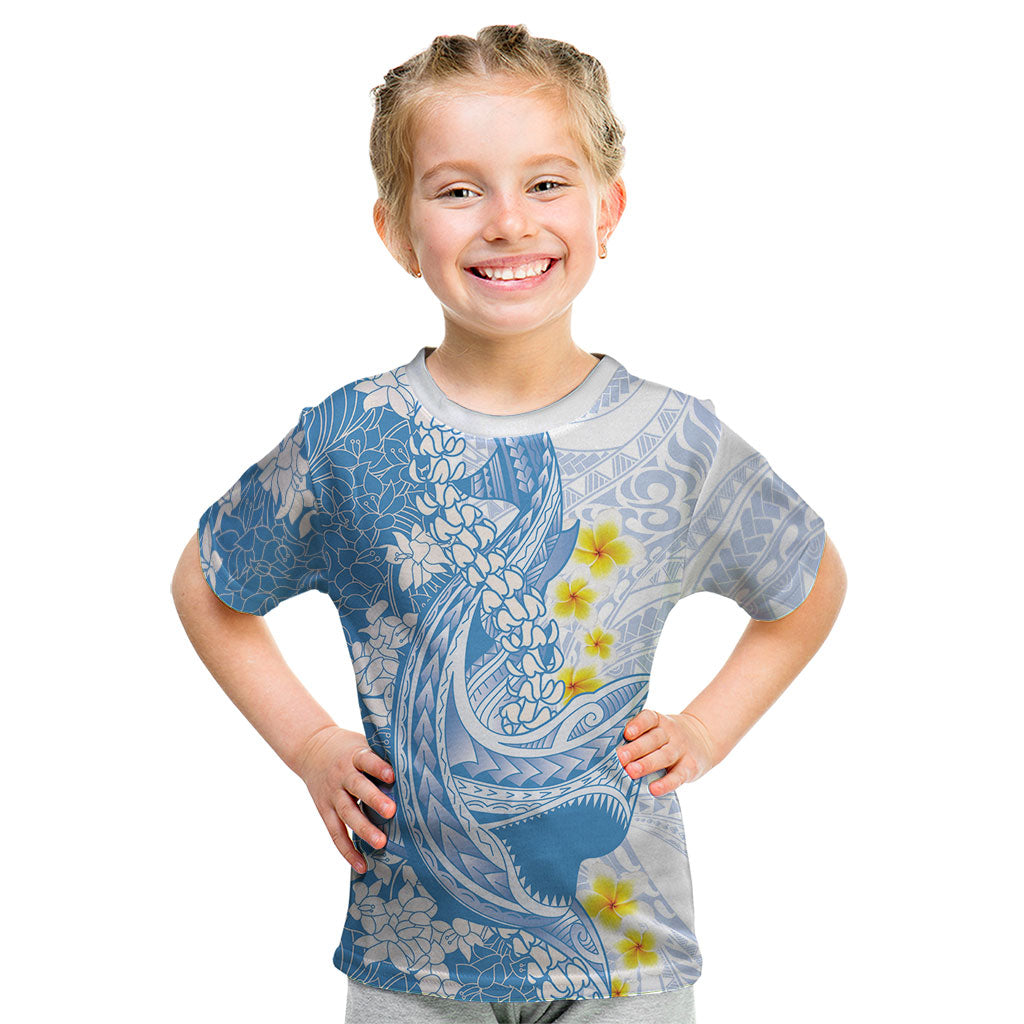 Blue Hawaii Shark Tattoo Kid T Shirt Puakenikeni Lei Plumeria Polynesian Pattern