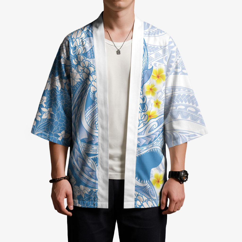 Blue Hawaii Shark Tattoo Kimono Puakenikeni Lei Plumeria Polynesian Pattern