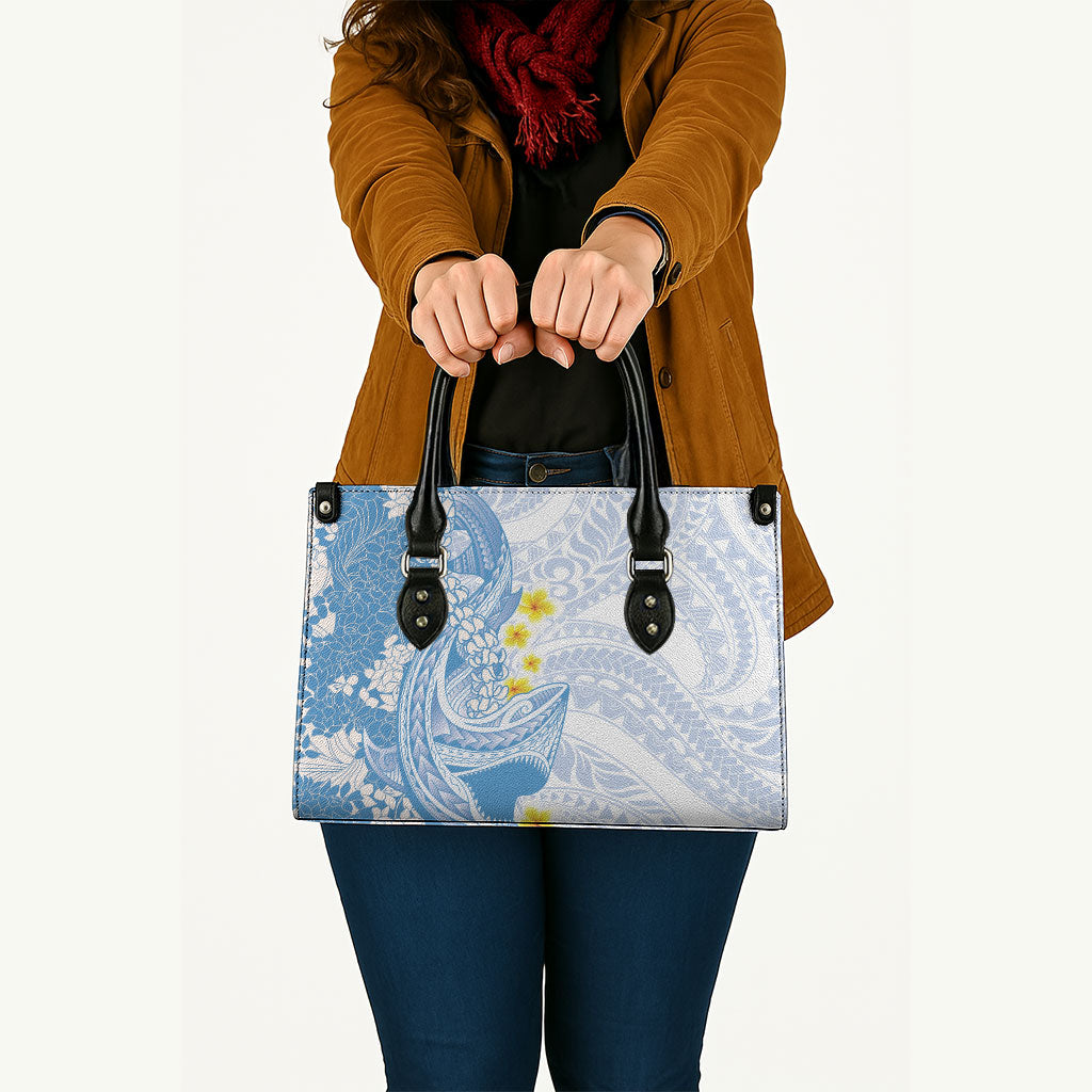 Blue Hawaii Shark Tattoo Leather Bag Puakenikeni Lei Plumeria Polynesian Pattern