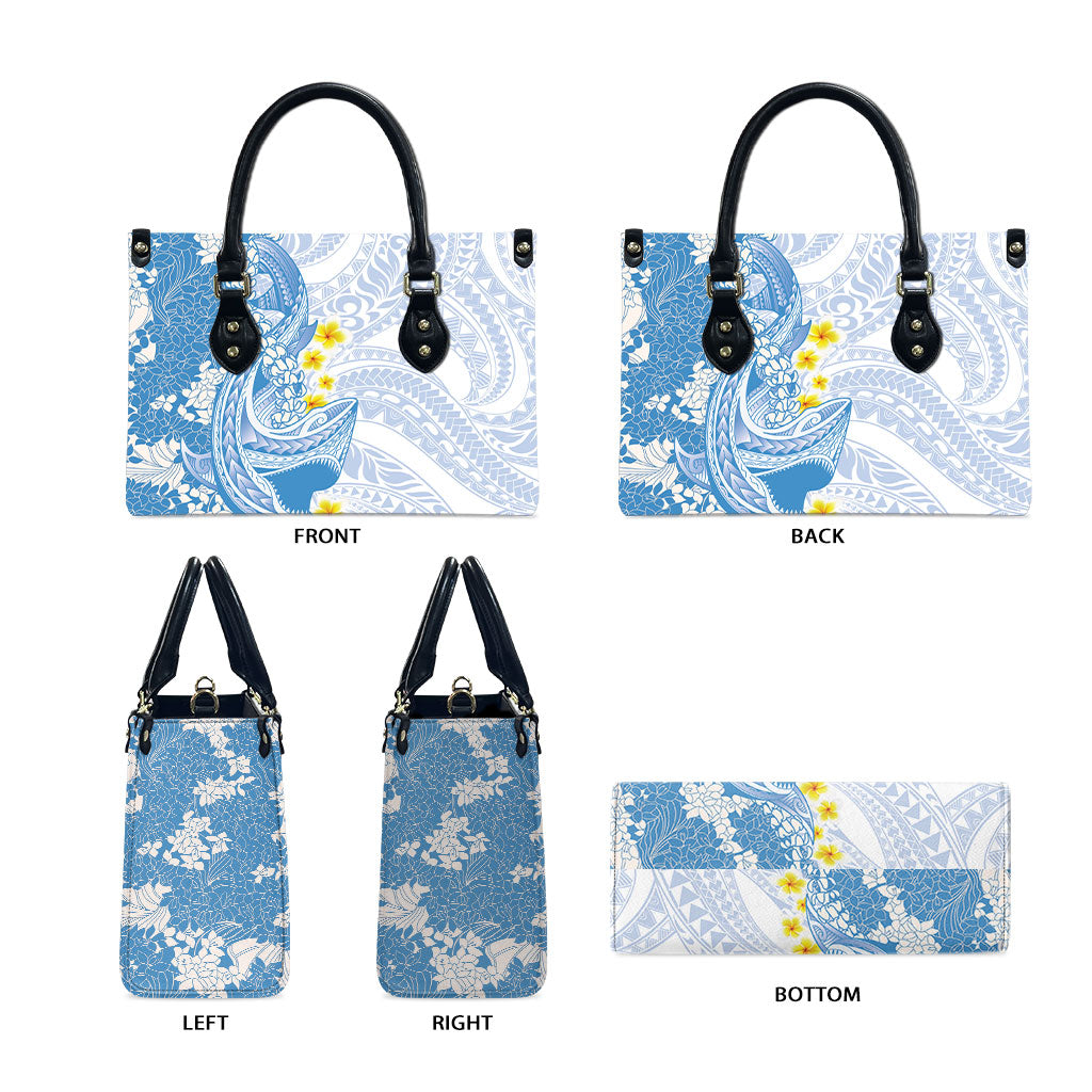Blue Hawaii Shark Tattoo Leather Bag Puakenikeni Lei Plumeria Polynesian Pattern