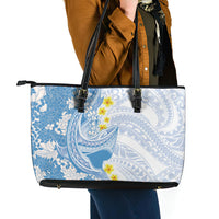 Blue Hawaii Shark Tattoo Leather Tote Bag Puakenikeni Lei Plumeria Polynesian Pattern
