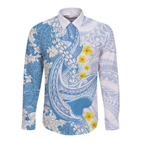Blue Hawaii Shark Tattoo Long Sleeve Button Shirt Puakenikeni Lei Plumeria Polynesian Pattern