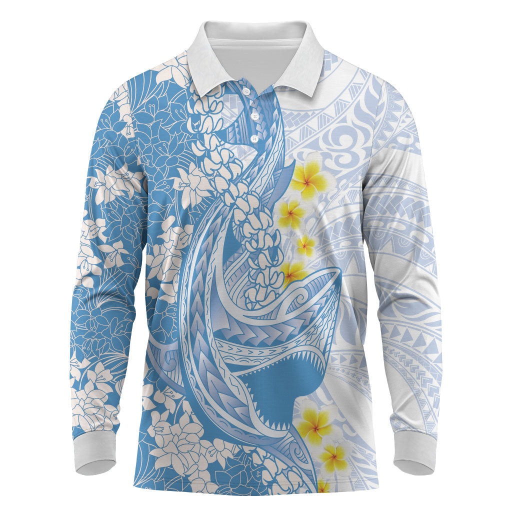 Blue Hawaii Shark Tattoo Long Sleeve Polo Shirt Puakenikeni Lei Plumeria Polynesian Pattern LT14 Blue - Polynesian Pride