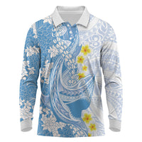 Blue Hawaii Shark Tattoo Long Sleeve Polo Shirt Puakenikeni Lei Plumeria Polynesian Pattern LT14 Blue - Polynesian Pride